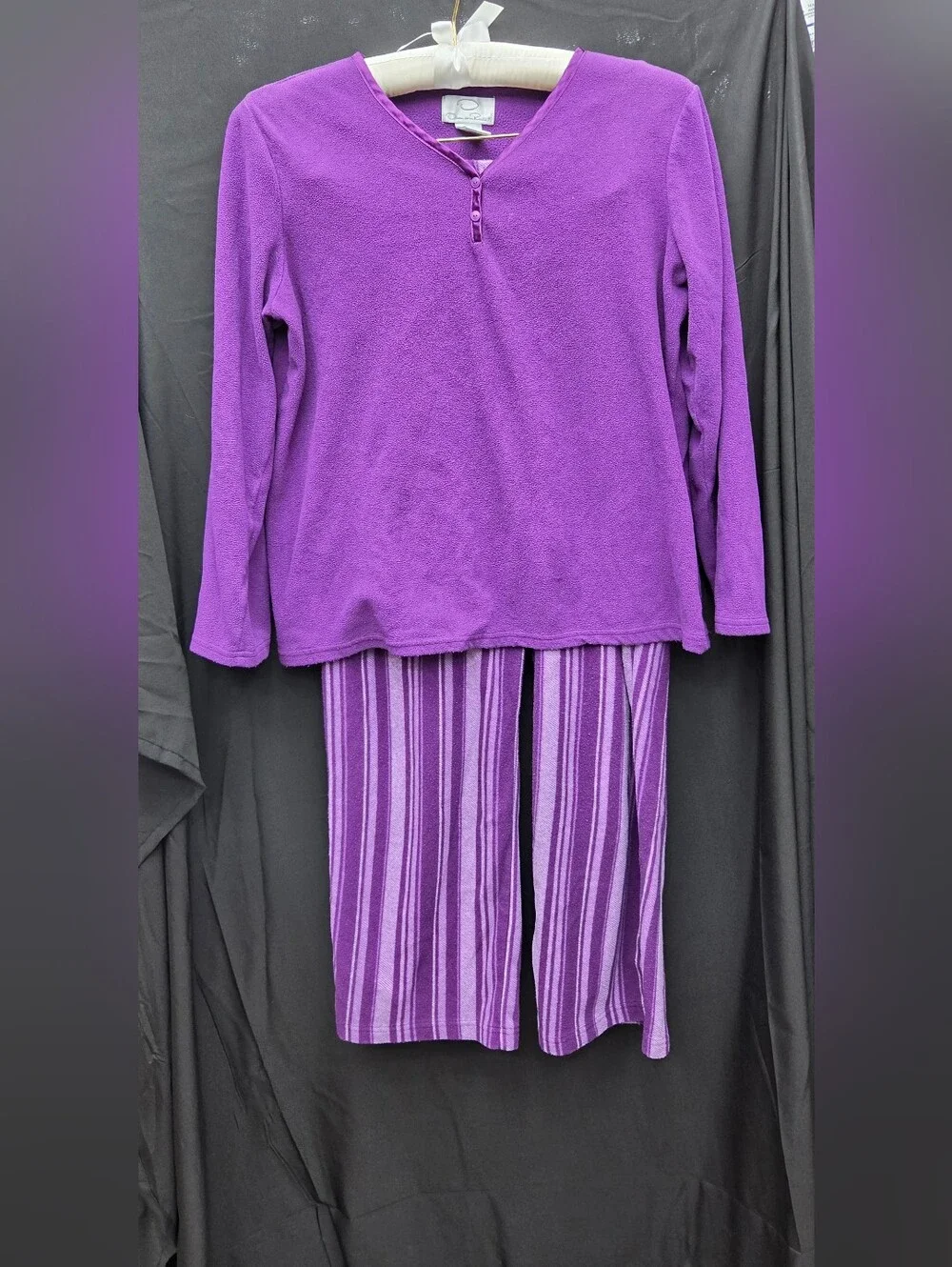 Oscar de la Renta Purple Fleece Pajama Set Striped Pants M